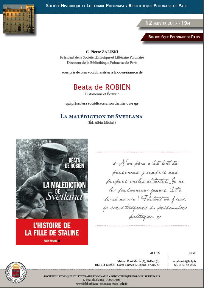 Affiche & couverture. Conférence. La malédiction de Svetlana. Beata de Robien, Historienne et Écrivain. 2017-01-12